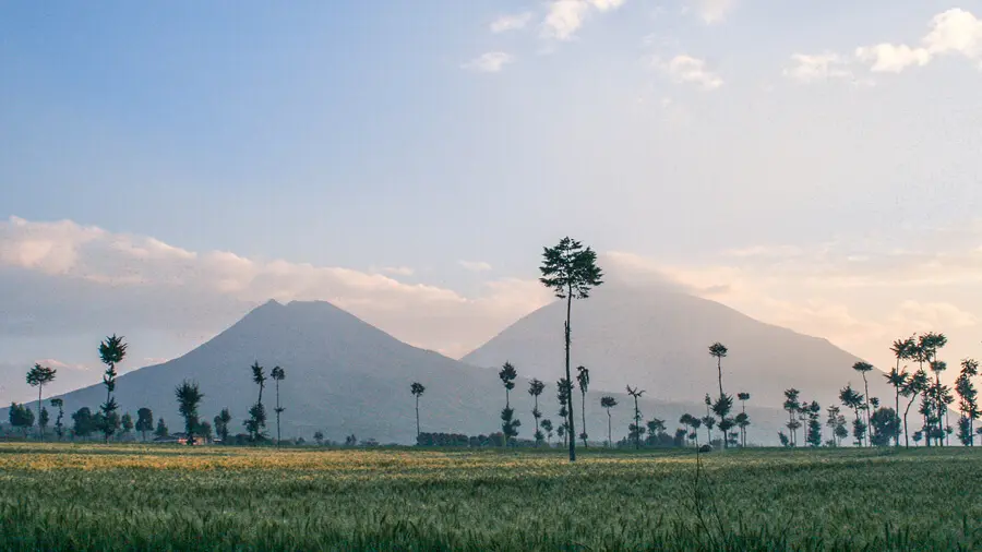 The distant peaks of Volcanoes National Park tower over the Rwandan landscape