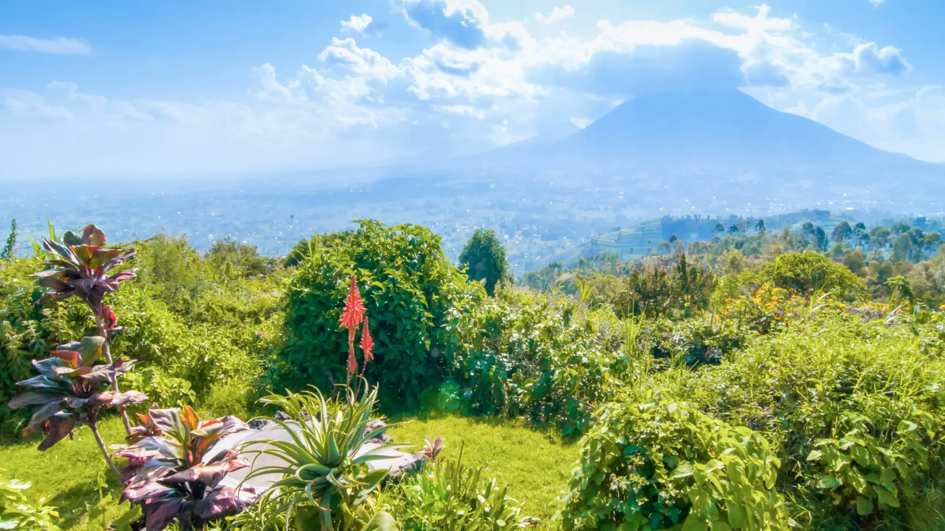 The lush Rwandan landscape with Volacones National Park in the distance