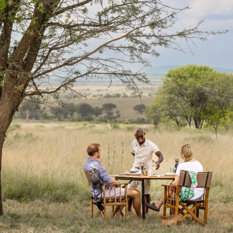 two guests having lunch at olakira migration camp, served by a smiling waiter, tanzania, asilia africa