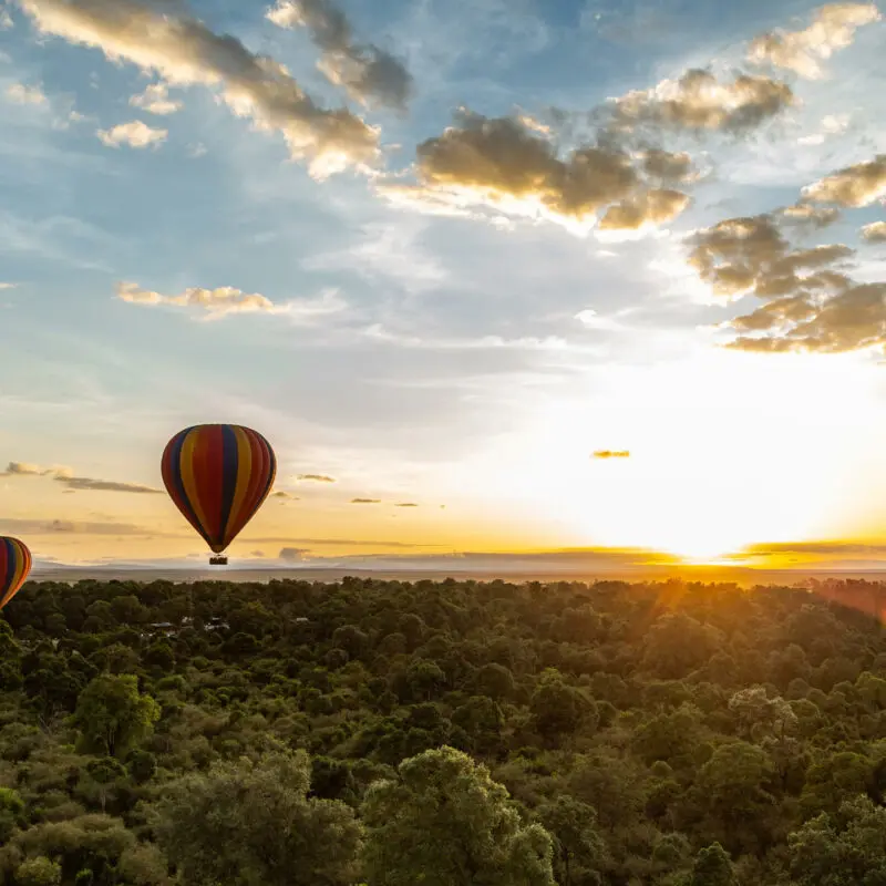 A hot air balloon soars over the Mara at sunset