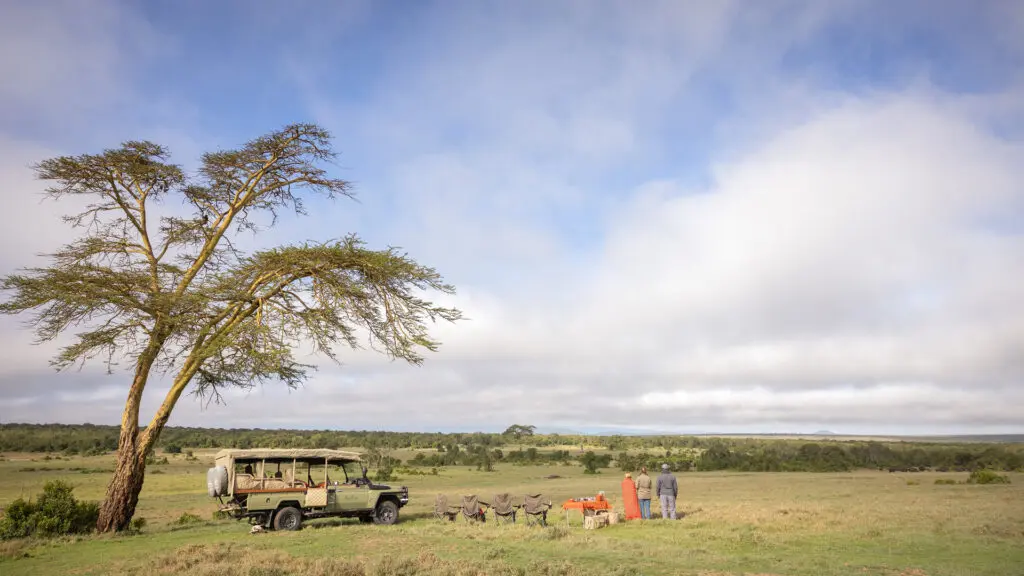 a family enjoying a bush breakfast in ol pejeta conservancy, kenya, with asilia africa