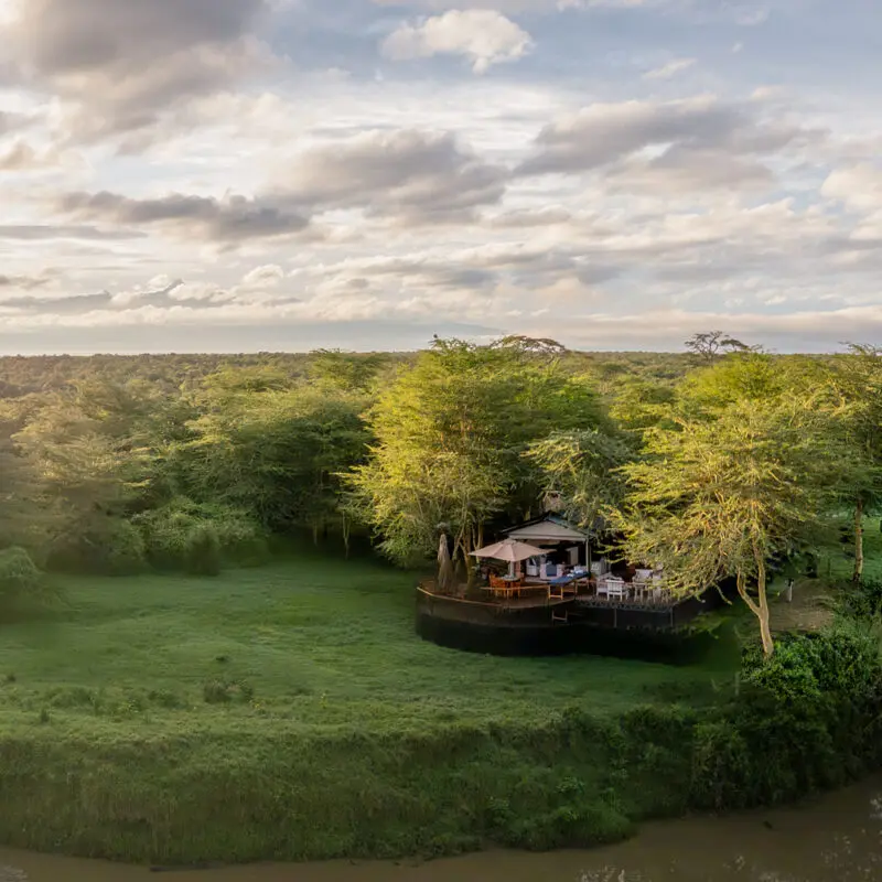 aerial view of ol pejeta bush camp and the ewaso nyiro river in kenya, asilia africa
