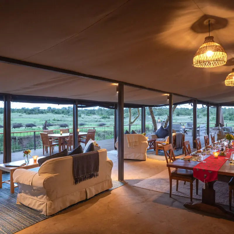 a view out from the lounge area at ol pejeta bush camp in kenya, asilia africa