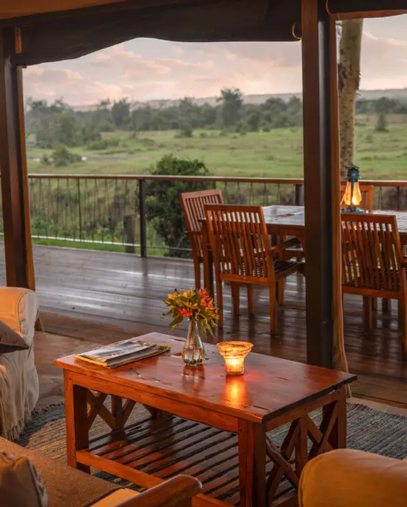 looking out from the lounge area at sunset in ol pejeta bush camp in kenya east africa, asilia africa