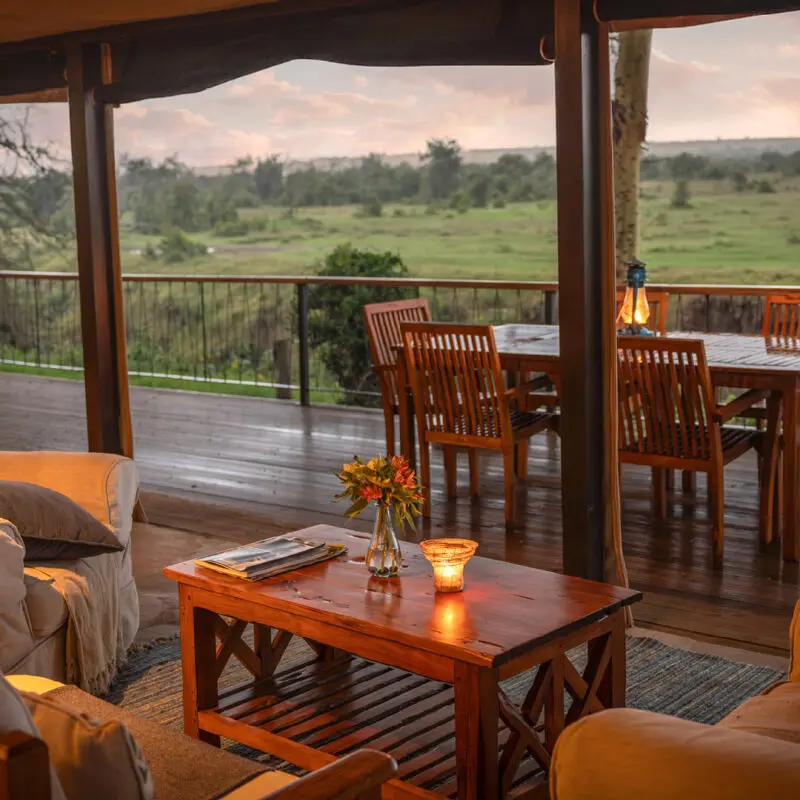 looking out from the lounge area at sunset in ol pejeta bush camp in kenya east africa, asilia africa