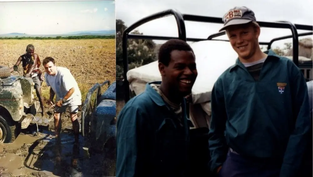 Gordie, a friend of Gerard’s salvaging a mud-stuck support vehicle, and a young Jackson and Gerard in 1995.