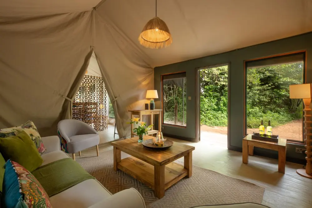 The lounge in the family tent, with en suite bedrooms on either side.