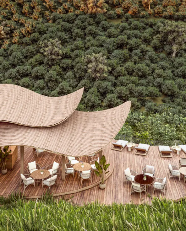 Render Aerial view of the deck with seating tables and chairs Erebero Hills Uganda