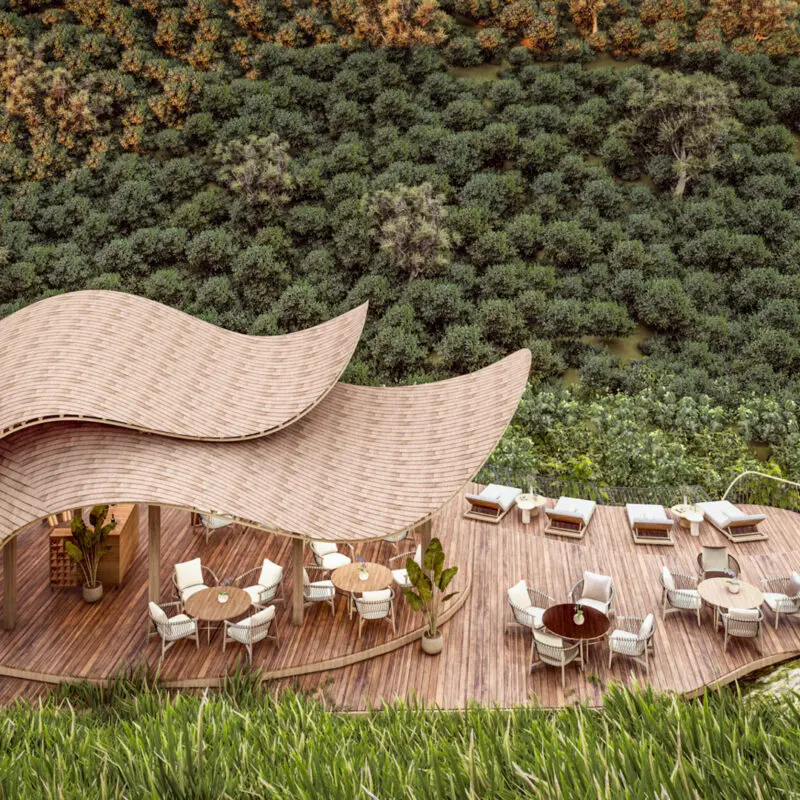 Render Aerial view of the deck with seating tables and chairs Erebero Hills Uganda