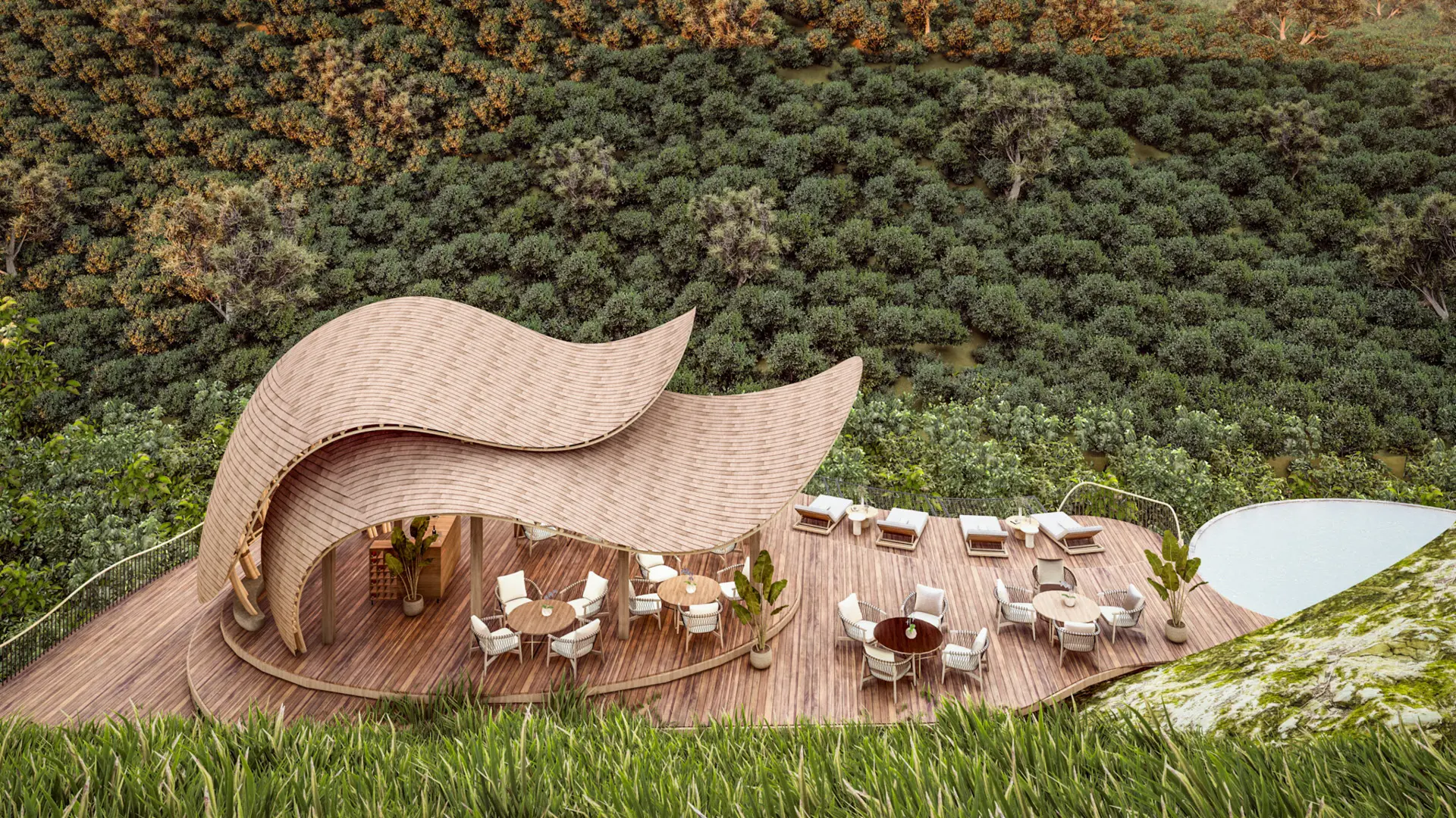 Render Aerial view of the deck with seating tables and chairs Erebero Hills Uganda