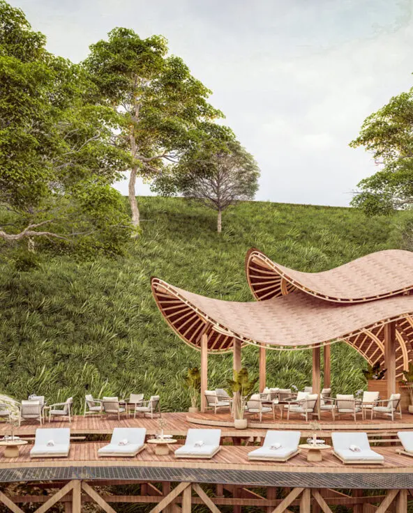 Render of the deck area with loungers and shaded area Erebero Hills Uganda