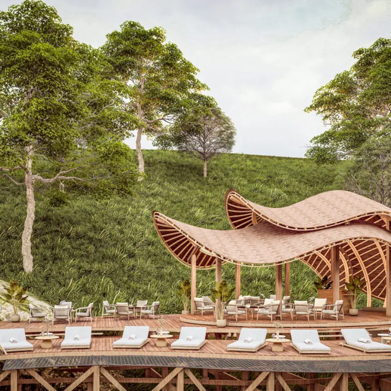 Render of the deck area with loungers and shaded area Erebero Hills Uganda