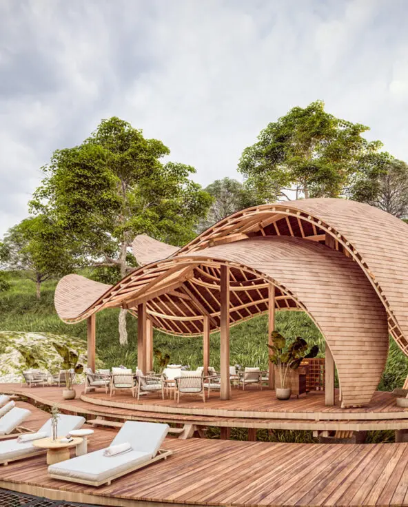 Render of pool with the deck, sun loungers and shade Erebero Hills Uganda