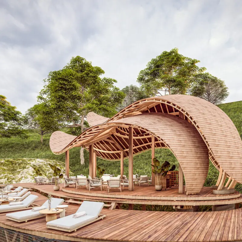 Render of pool with the deck, sun loungers and shade Erebero Hills Uganda