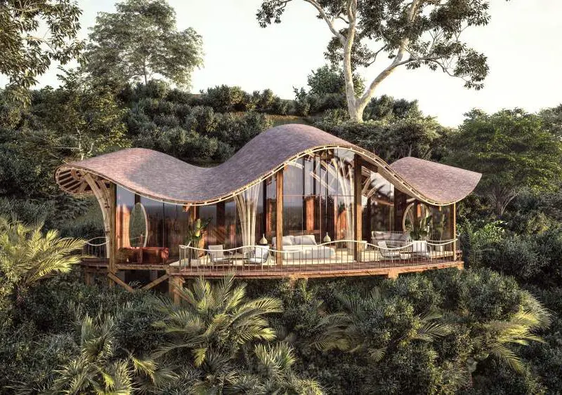 A render of the exterior of a forest view suite at Erebero Hills.