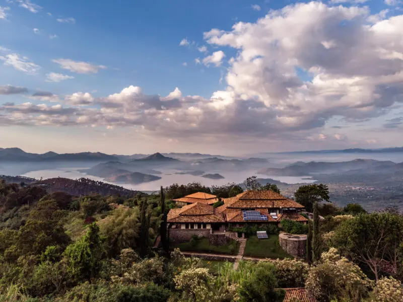 Volcanoes Virunga Lodge Aerial view with mountains, clouds and forests