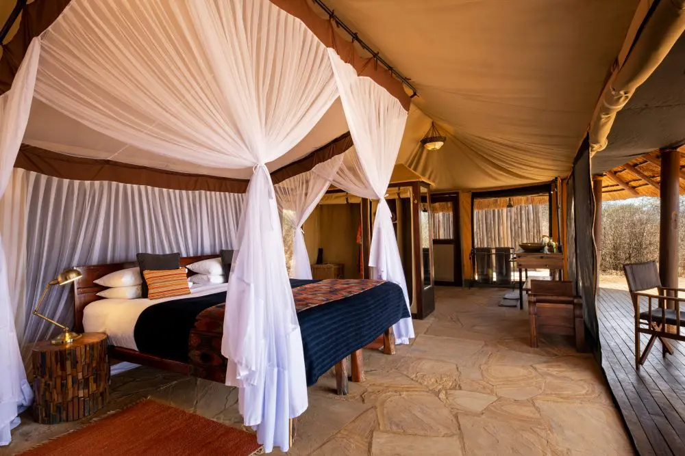The spacious interior of a guest tent at Oliver's Camp, Tarangire National Park.