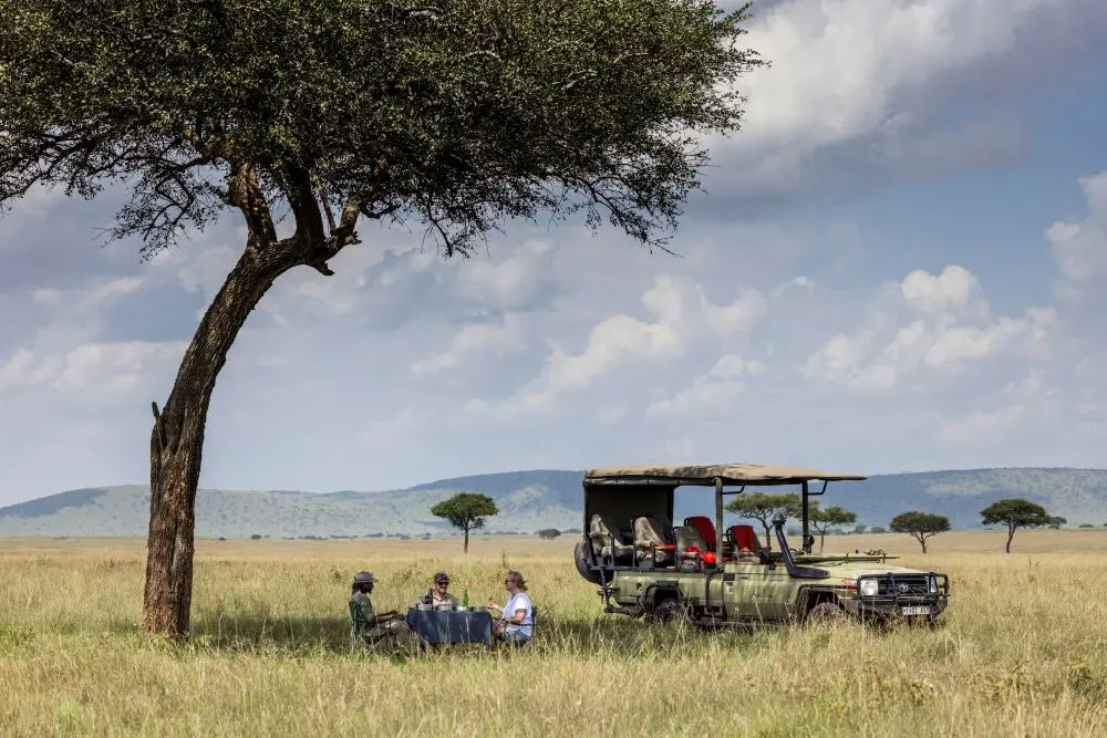 A couple enjoy a picnic lunch with no other vehicles in sight, Serengeti National Park