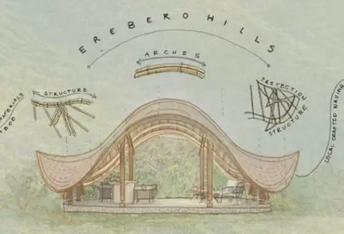 A sketch of the Welcoming Area detailing the creation of the structure, Erebero Hills, Uganda.