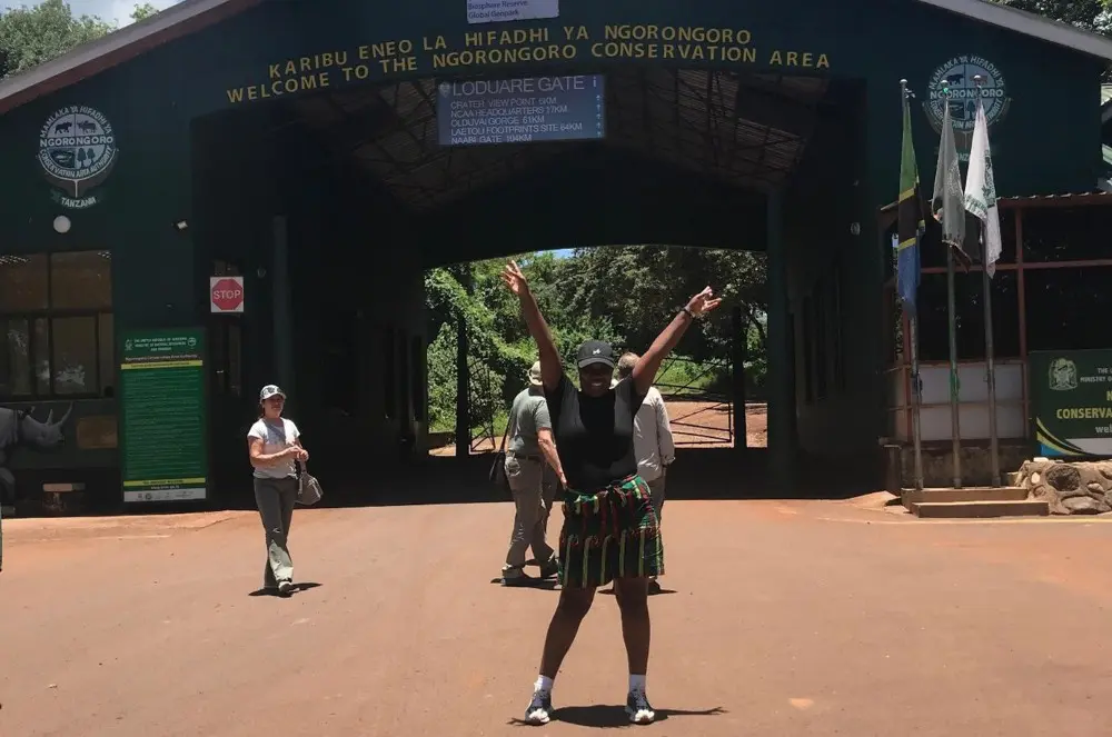Akhona at the Ngorongoro Conservation Area entry gate, Tanzania.