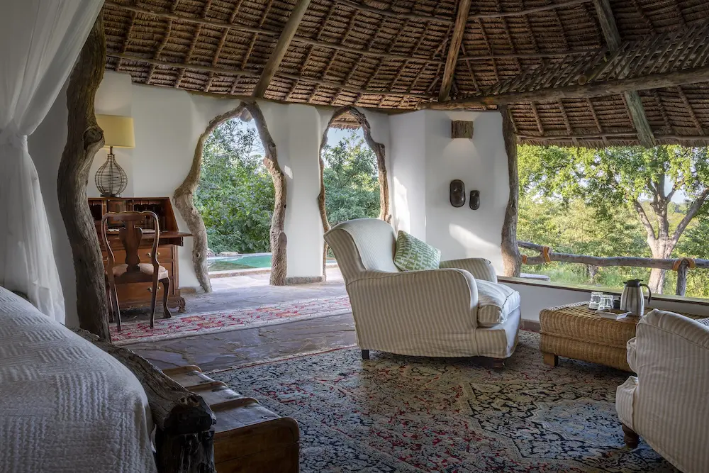 View from inside a thatched Banda at Beho Beho, looking out over the plunge pool
