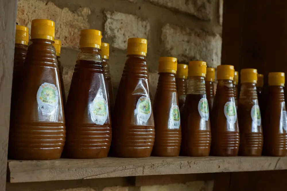 Bottled honey, locally produced in Bwindi, Uganda.