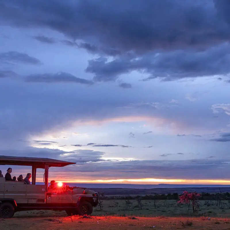 Safari vehicle with a spotlight during a night drive in Naboisho Conservancy