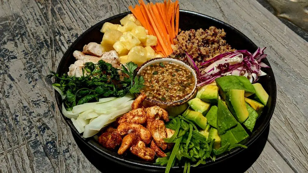 A grain bowl pops with colour and freshness.