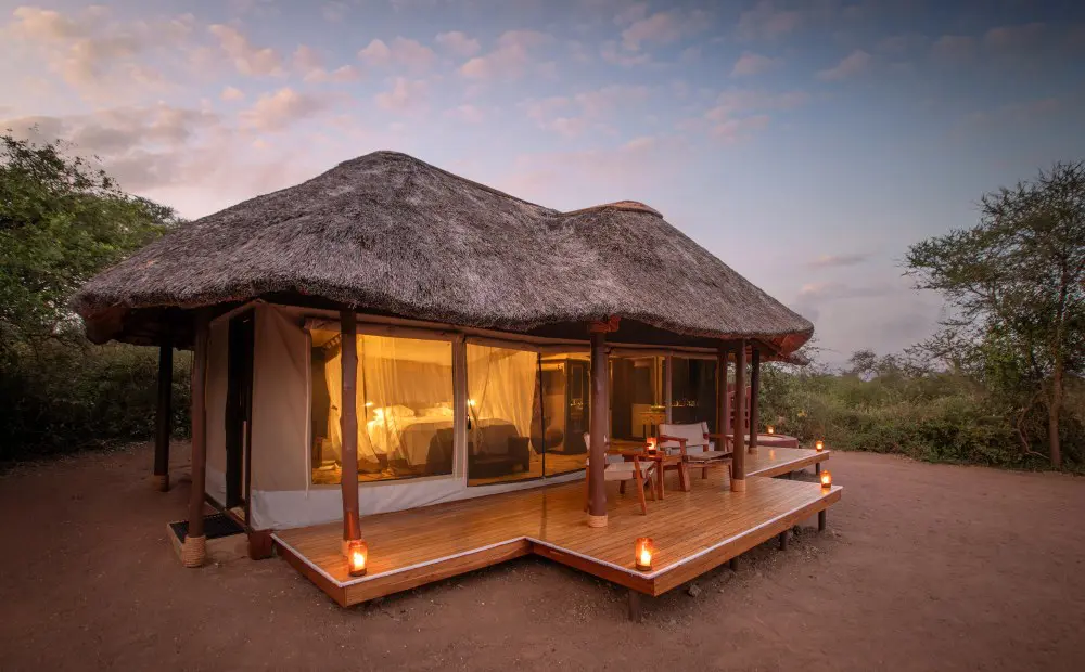 The exterior of a guest tent at Oliver's Camp, Tarangire National Park.