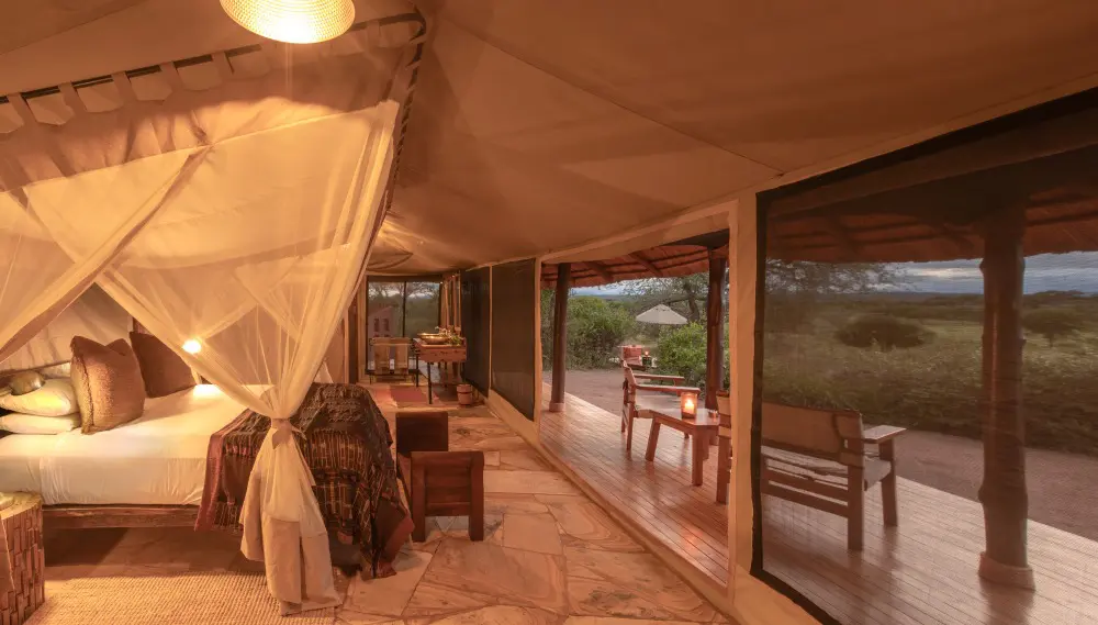 The interior of a guest tent at Oliver's Camp, Tarangire National Park.