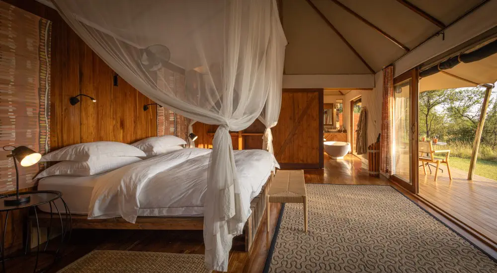 The refreshed interiors of a guest suite at Sayari Camp.