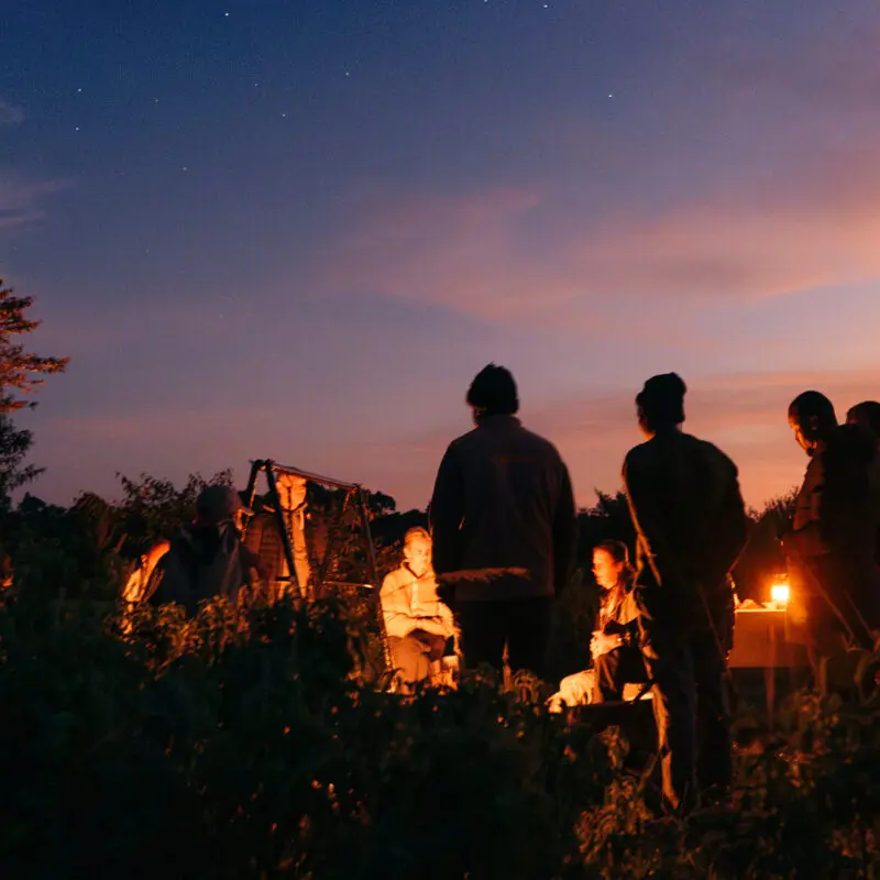 a group of emboo guests together at the camp fire at emboo in the maasai mara