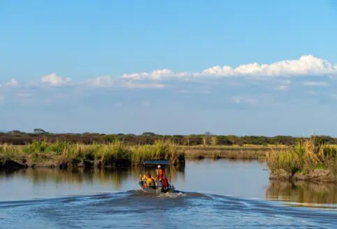 Guests boating in the Usangu Wetlands, Ruaha National Park, Tanzania.