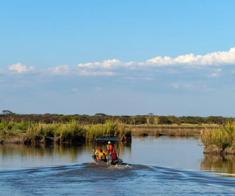 Guests boating in the Usangu Wetlands, Ruaha National Park, Tanzania.
