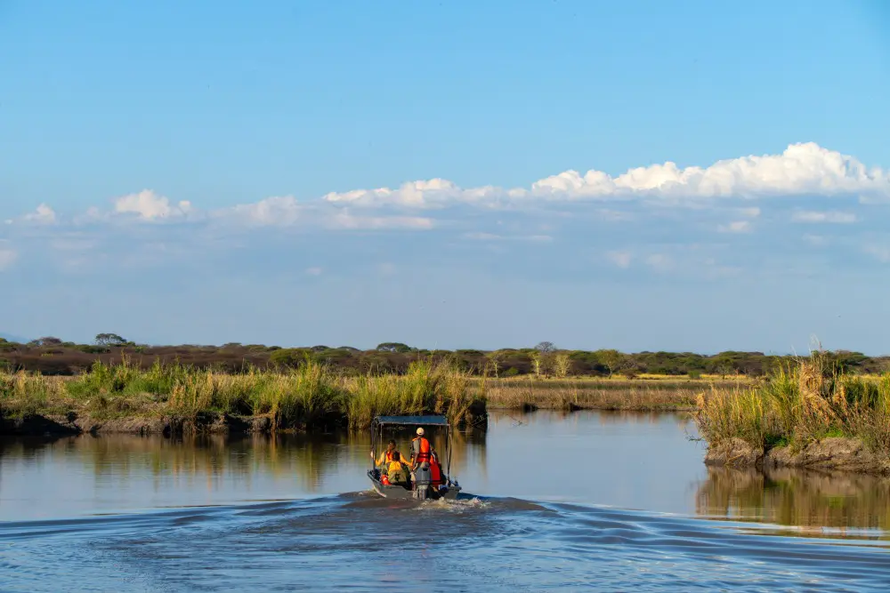 Guests boating in the Usangu Wetlands, Ruaha National Park, Tanzania.