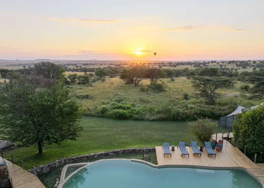 The swimming pool at Sayari Camp overlooking the Serengeti, Tanzania.