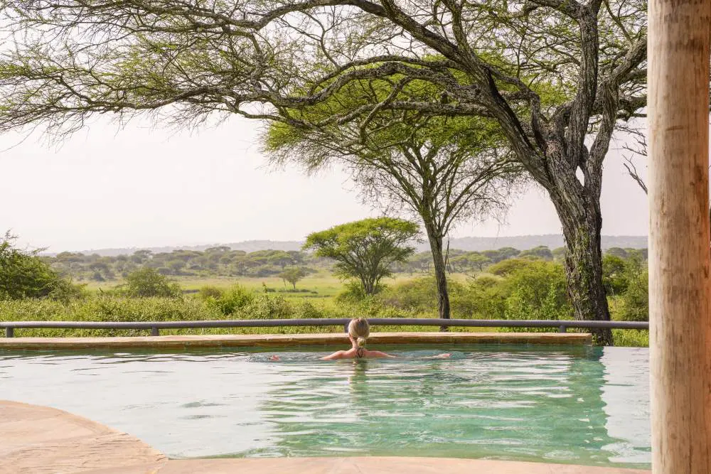A guest enjoys the Oliver's Camp swimming pool, Tarangire National Park, Tanzania.