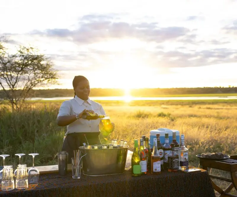 A drinks table overlooking the Silale Swamp in Tarangire National Park, Tanzania.
