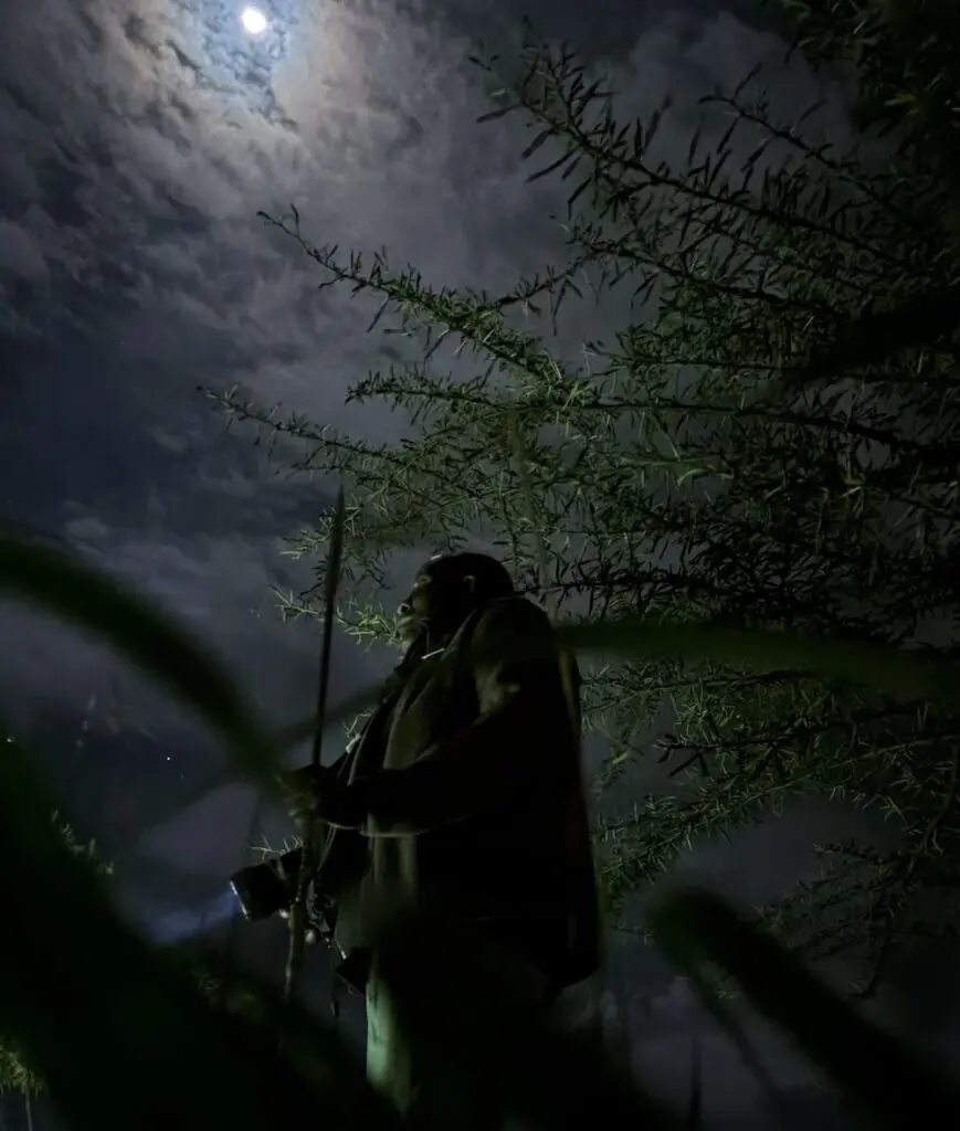 The moon shines down over an Askari as he keeps watch in the bush