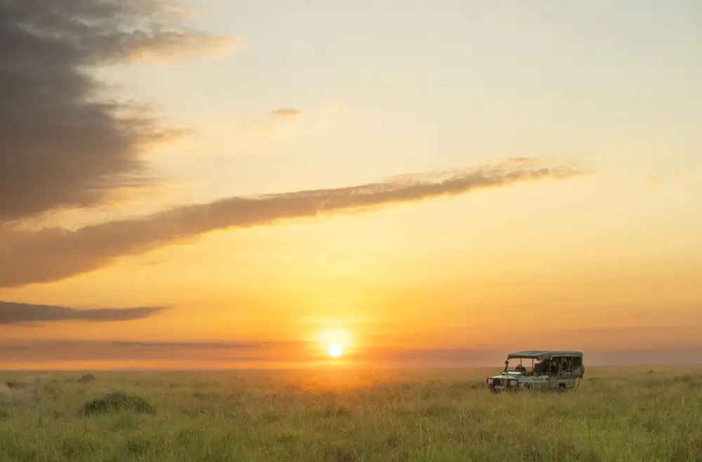 A lone vehicle on the plains at sunset, Mara Naboisho Conservancy, Kenya