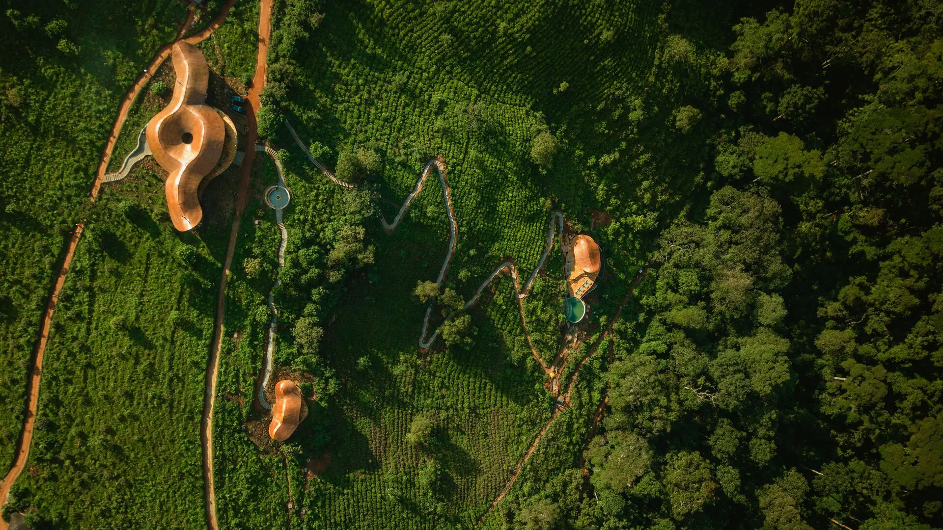 An aerial view of curved lodge buildings at Erebero Hills, showing pathways and cultivated greenery surrounded by dense forest.