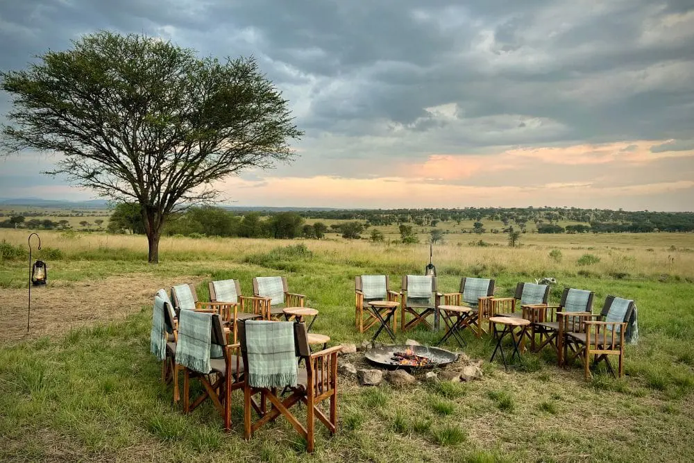 The fire pit and seating at Olakira Migration Camp south in the Serengeti National Park, Tanzania.