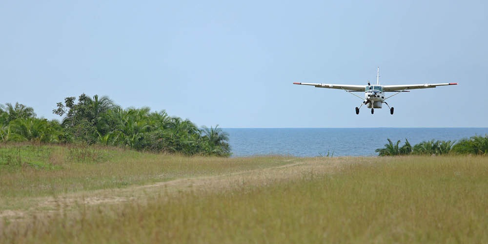 plane on horizon about to land at the airstrip