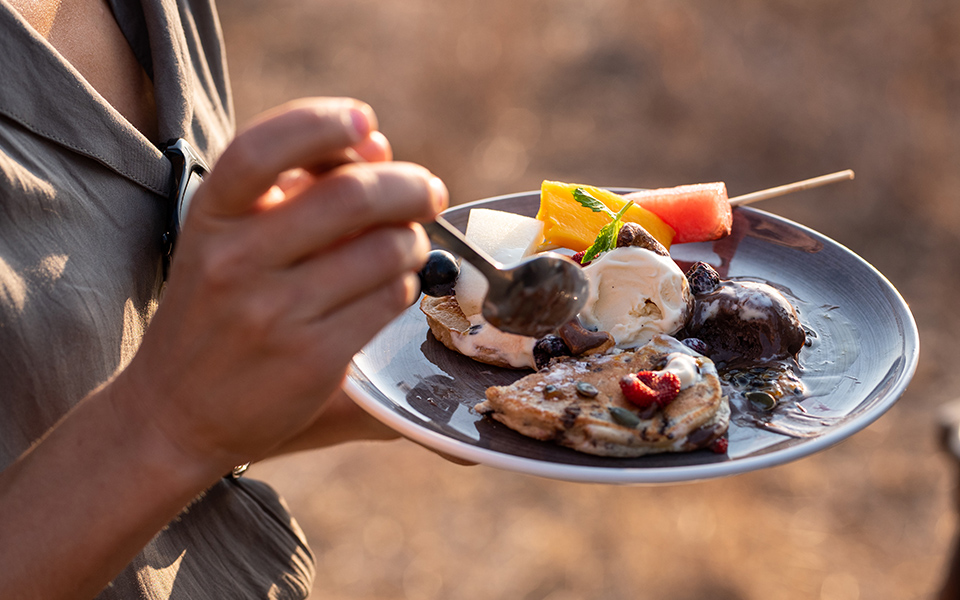 A plate of traditional Swahili-inspired Baobab sorbet and other sweet treats served at Jabali Ridge