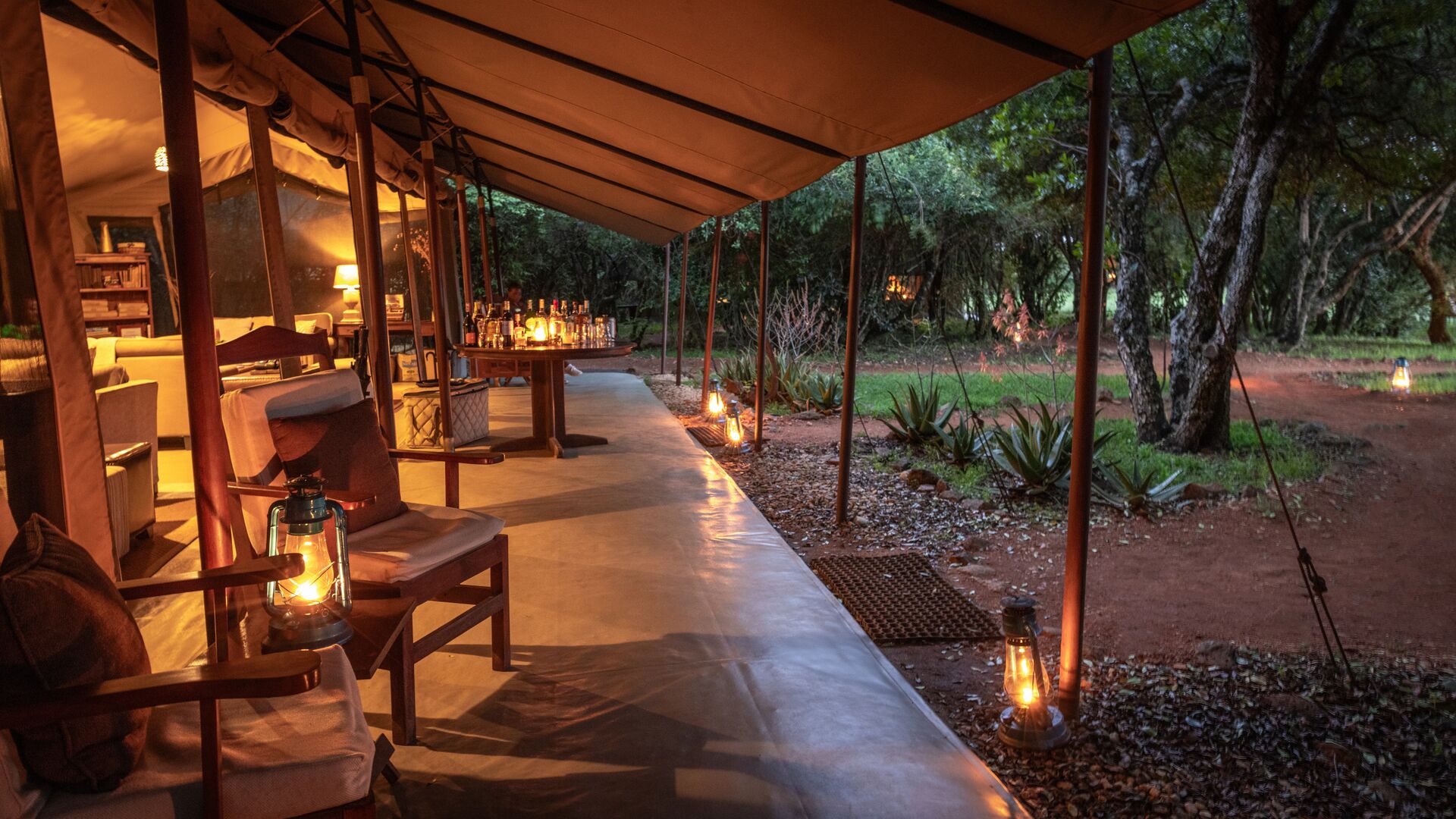 An open-air safari lounge with chairs and lanterns glowing at dusk among trees