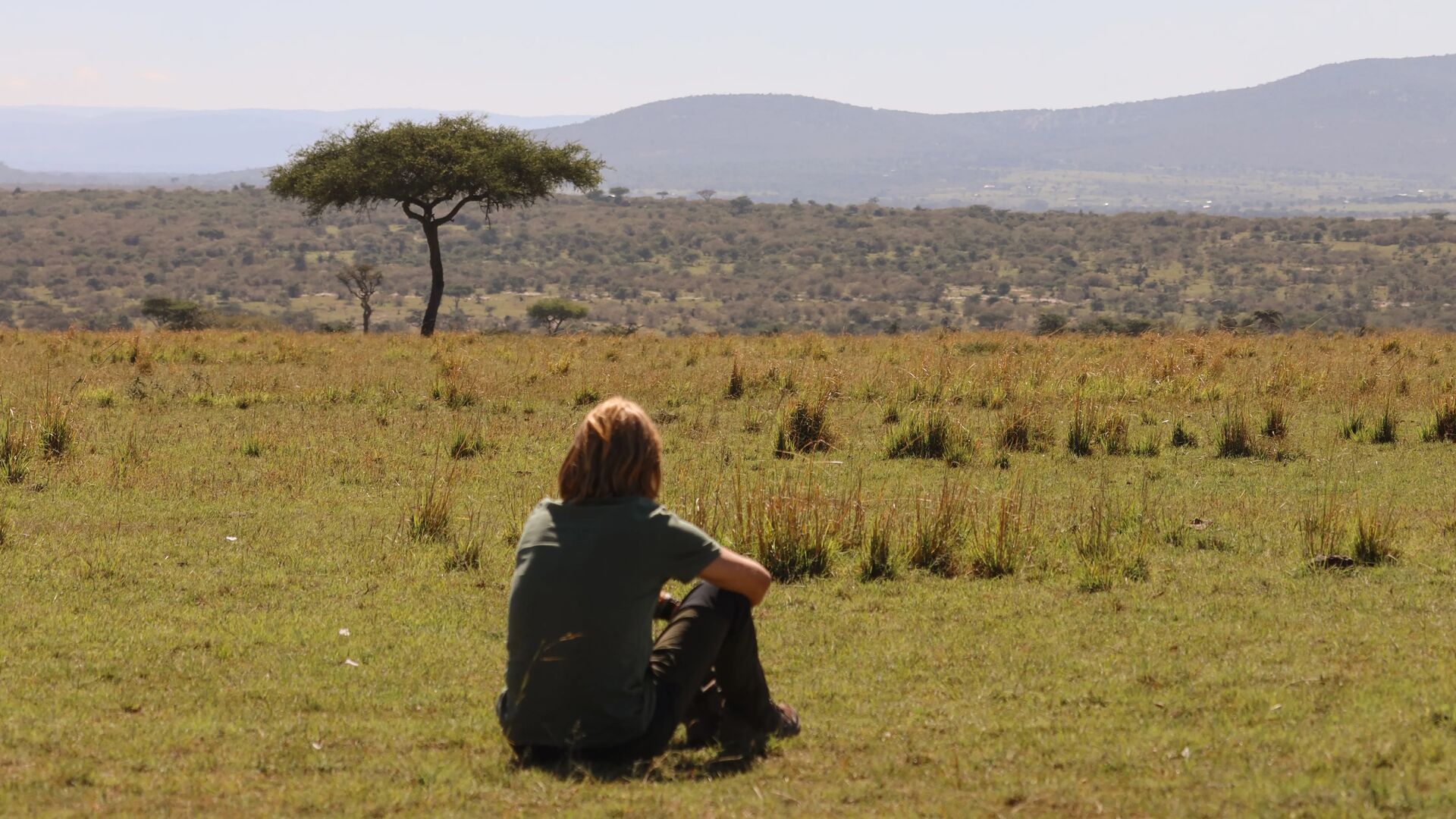 A person sitting on open grassland looking toward distant hills and a lone tree in the Maasai Mara