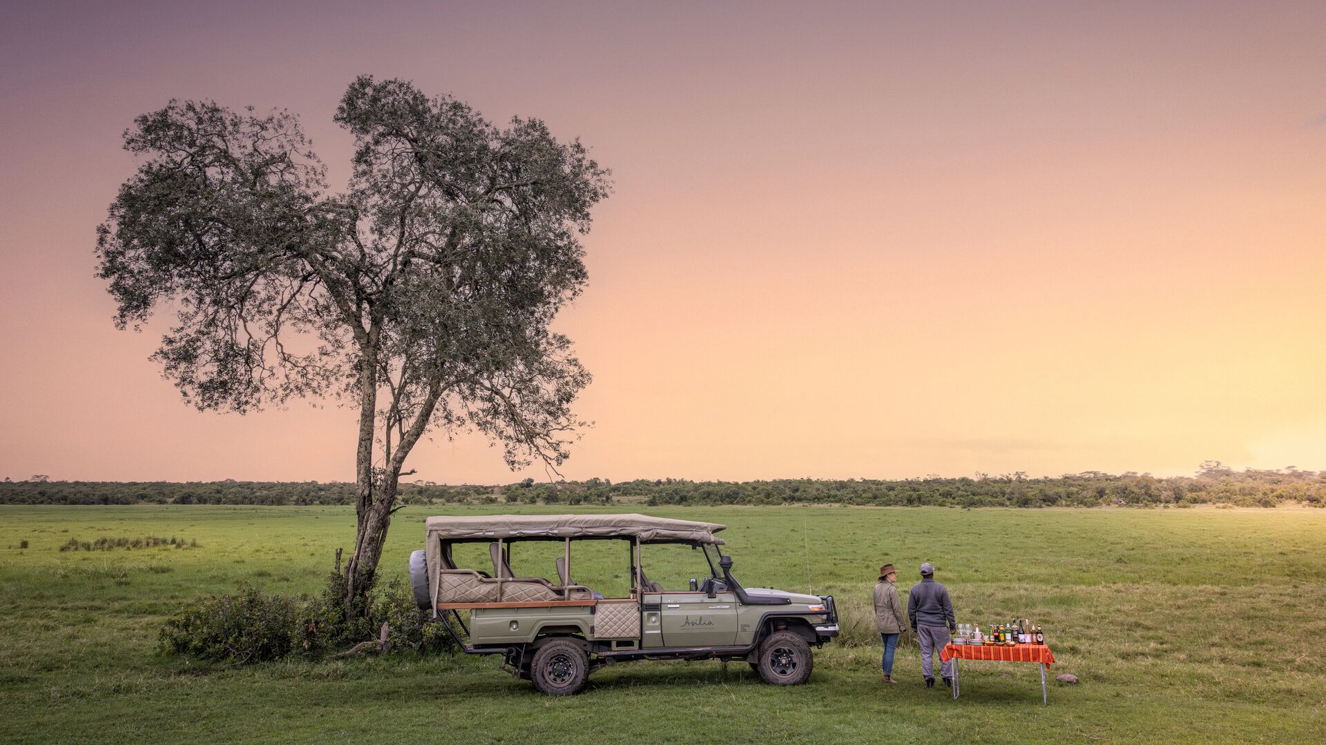 An Asilia safari vehicle parked near a tree with a drinks table set up in open grassland at sunset