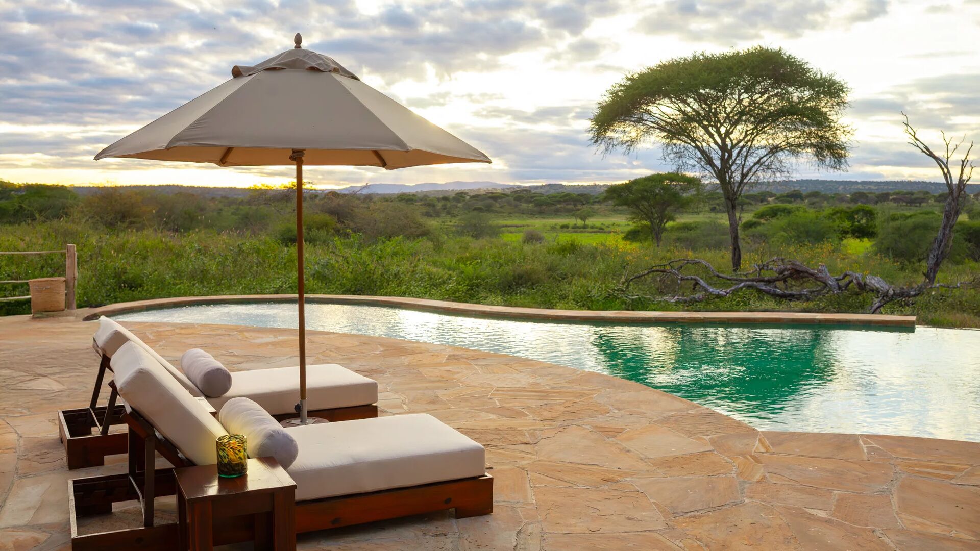 The serene swimming pool at Oliver's Camp with loungers and umbrella, overlooking Tarangire National park dotted with acacia trees beneath a soft, cloudy sky.