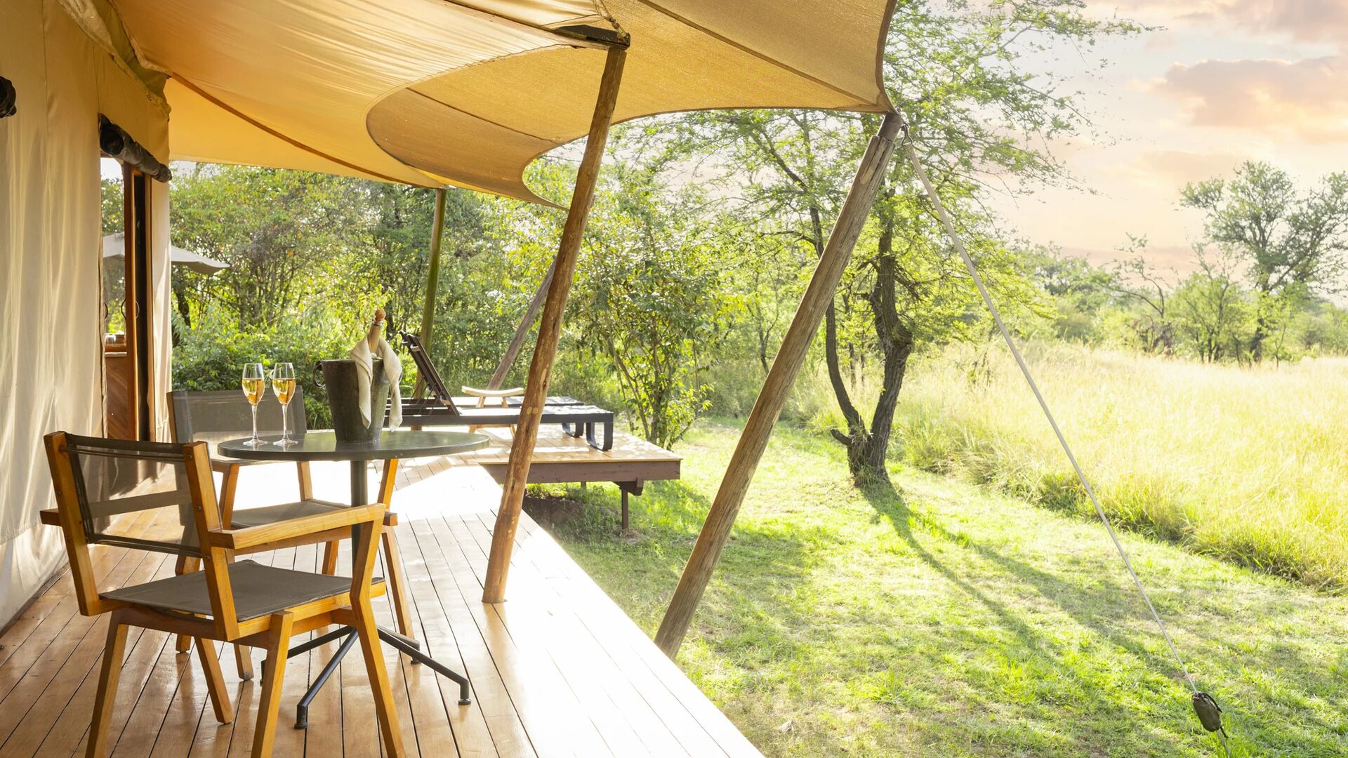 A sunlit private safari deck at Sayari Camp with wooden chairs, a small table set with champagne, shaded canvas canopy, and open views across green grassland and trees at golden hour.