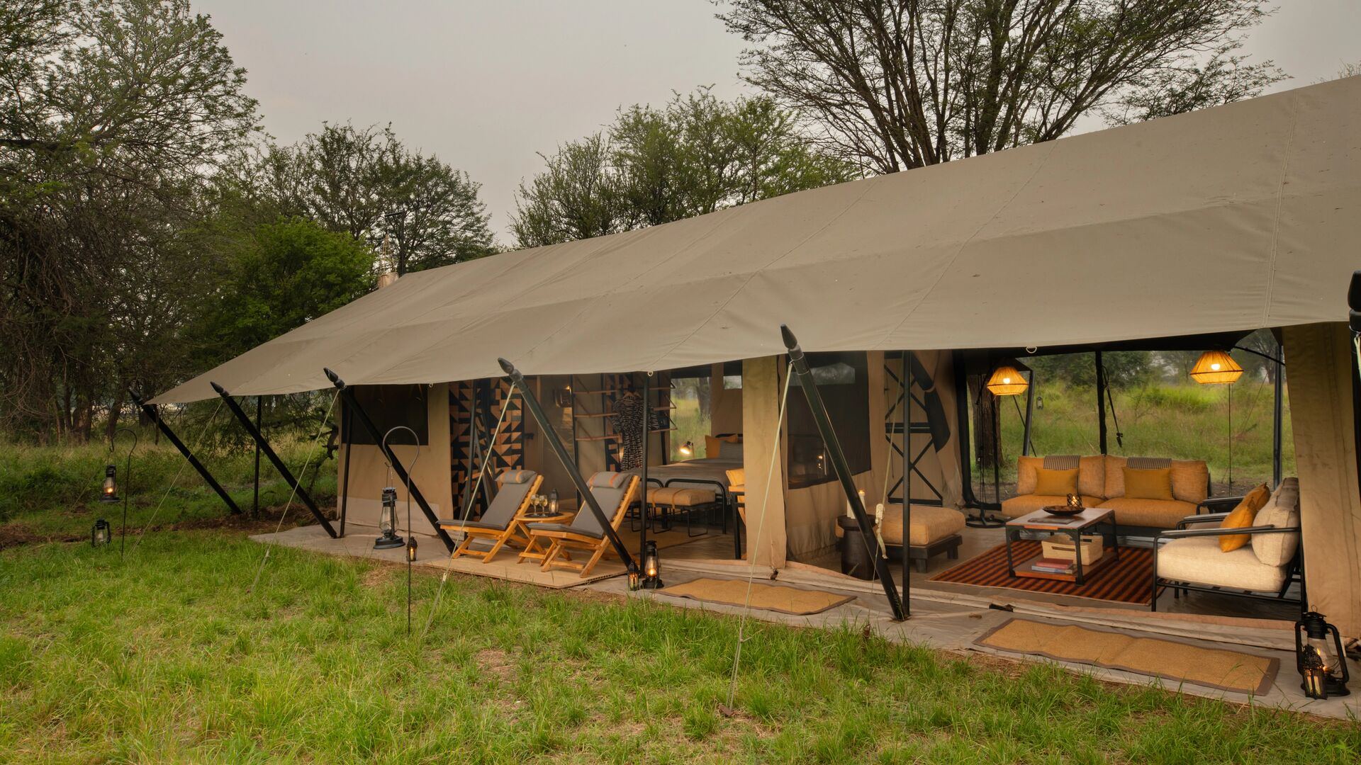 Exterior view of a large family suite at Ubuntu Migration Camp with open-front design, outdoor loungers, and a furnished lounge area, set amid green grass and trees with warm lantern lighting.